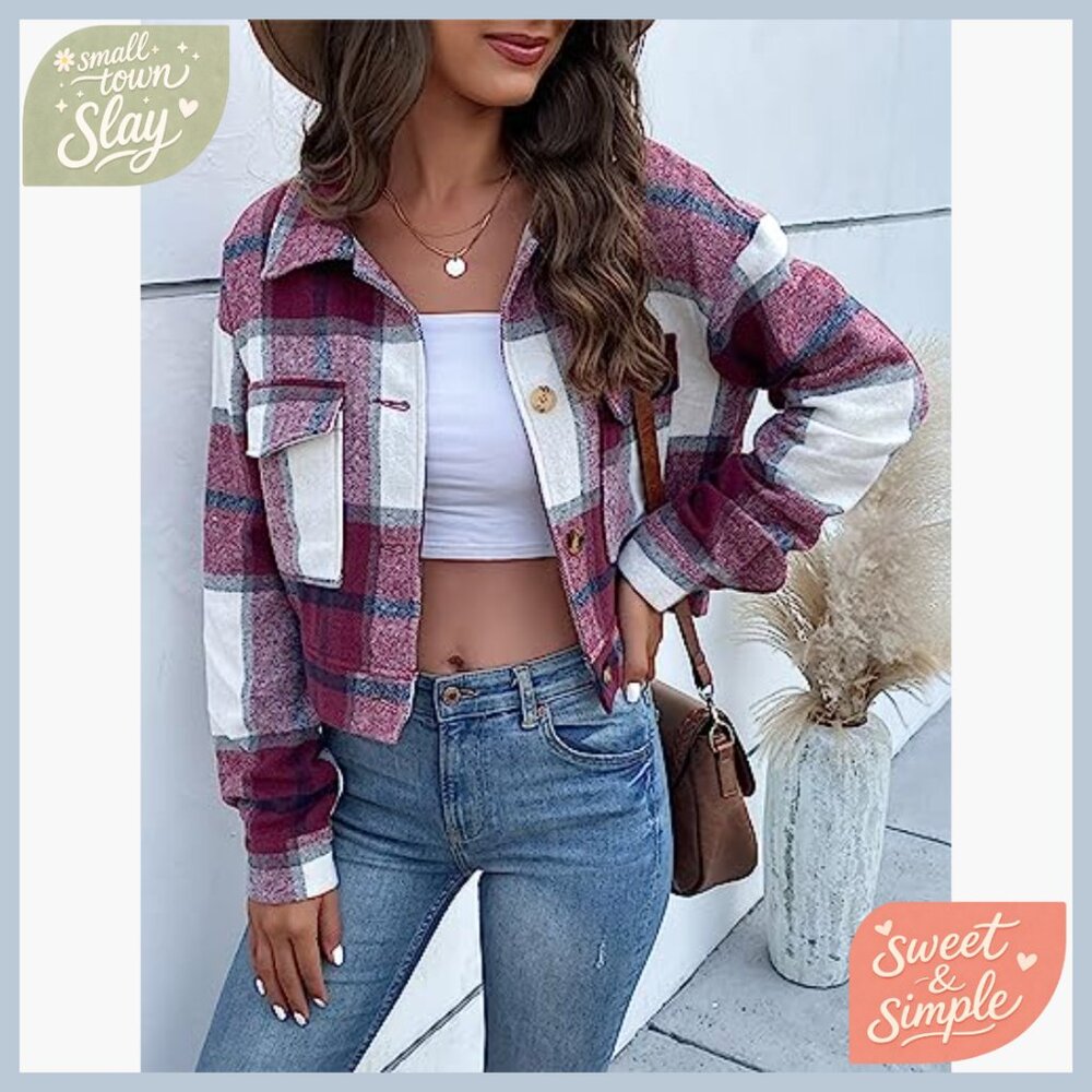 Flannel Cropped Plaid Shacket Jacket Button Down Long Sleeve Top - Picture 2 of 7